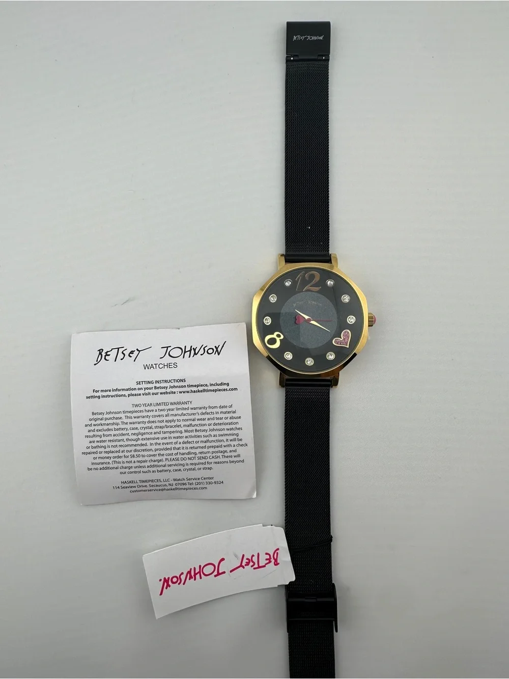 Betsey Johnson Black and Gold Tone Women's Heart Accent Watch with Pink Details